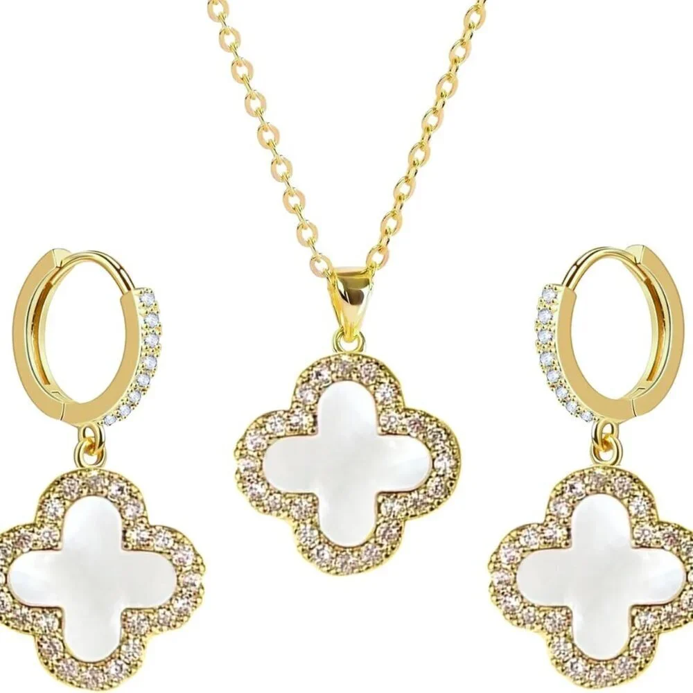 Studded Clover Necklace Earrings Jewelry Set Stainless Steel Women Gift